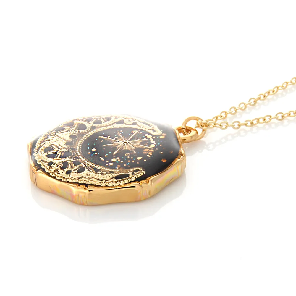 Epoxy Octagon Shape Crescent Moon and Star Necklace