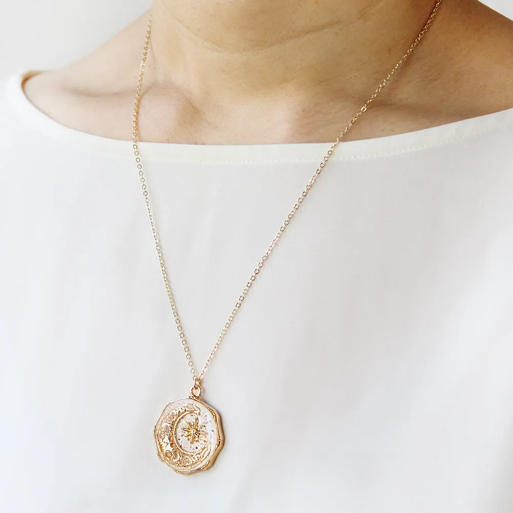 Epoxy Octagon Shape Crescent Moon and Star Necklace