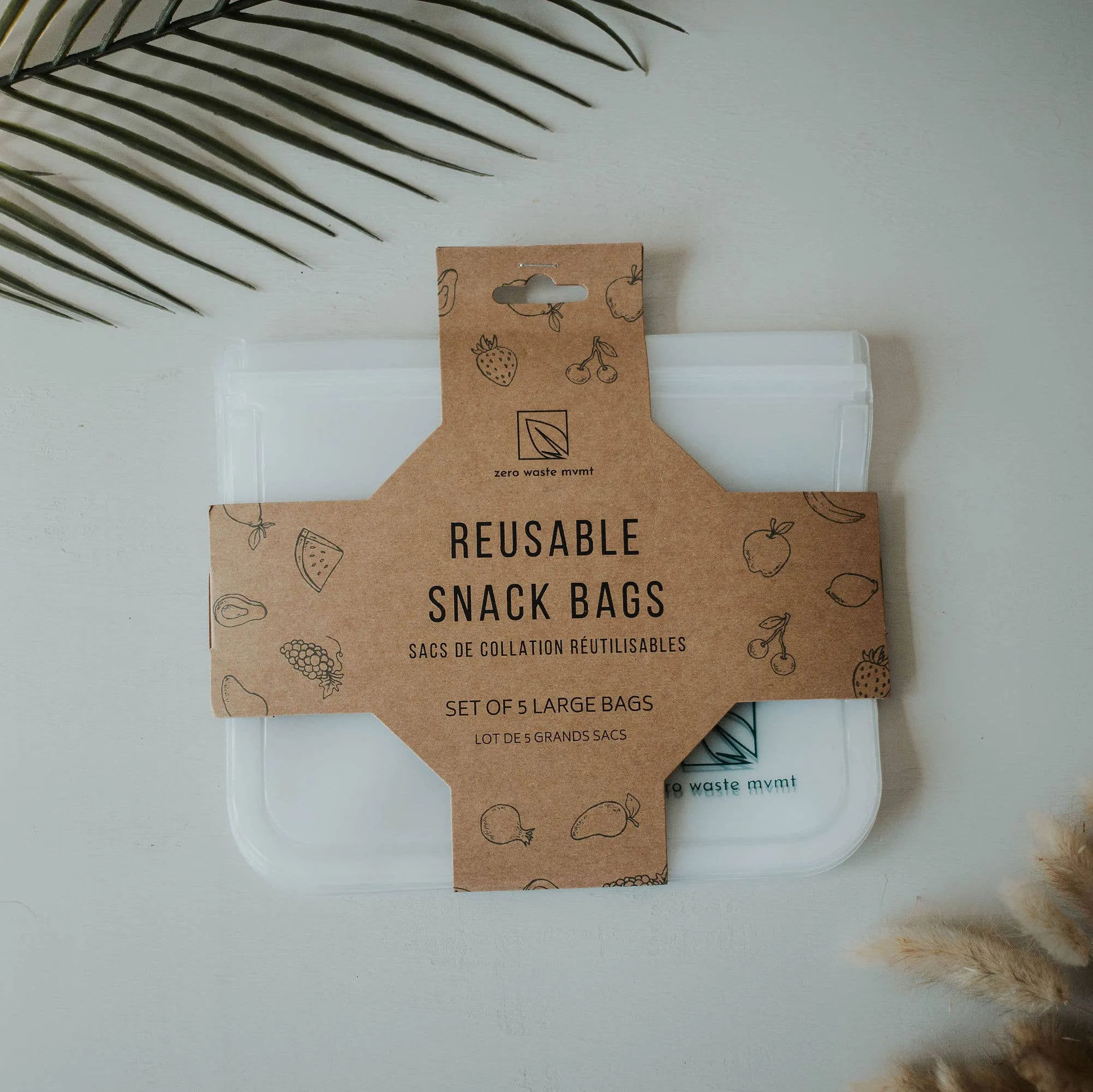 PEVA Reusable Snack Sandwich Bags | Eco-Friendly Zip Pouch - 5 Large Pack