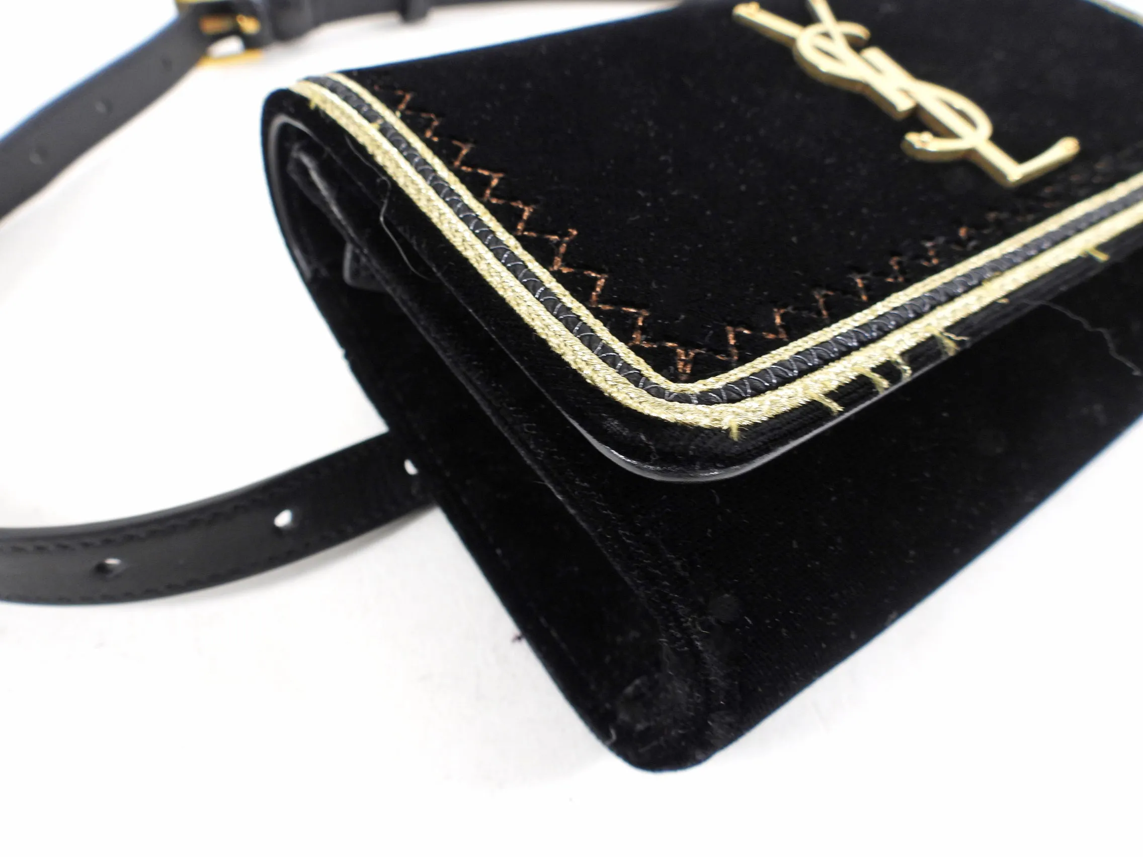 Saint Laurent Black Velvet and Gold Belt Bag